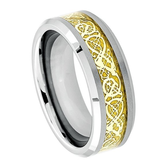 8mm Tungsten Ring Gold Celtic Dragon Wedding Band